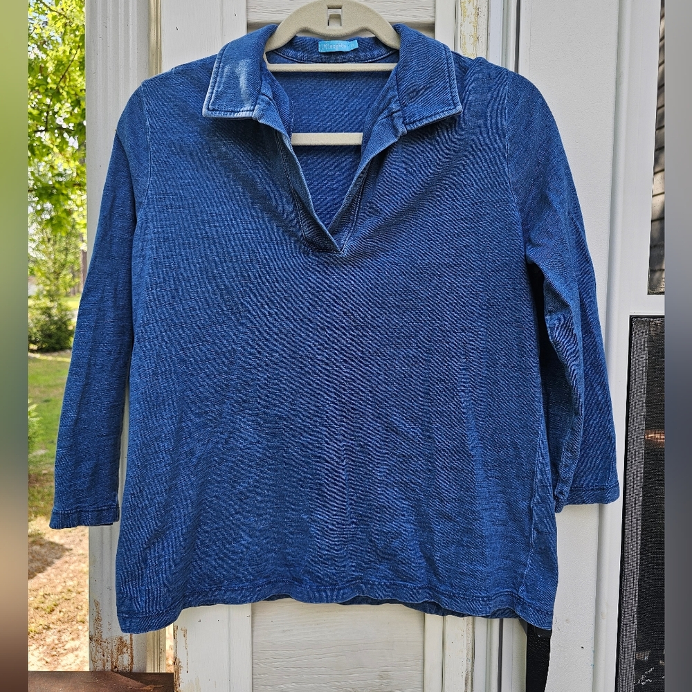 J. Mclaughlin Olena Shirt Womens‎ M 3/4 Sleeve Blue Polo Split Neck Top Casual